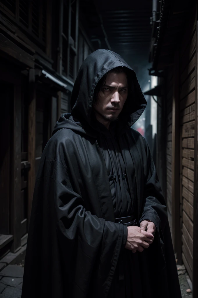 arafed hooded man in a black robe standing in a dark alley, wearing dark robe, hooded cloaked sith lord, wearing dark robes, wearing a black robe, wearing black robe, mystic ninja, wearing black sith robes, samurai jedi, dark flowing robe, cyberpunk samurai, dark robe, artwork in the style of guweiz