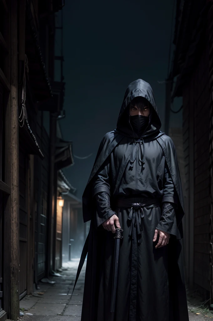arafed hooded man in a black robe standing in a dark alley, wearing dark robe, hooded cloaked sith lord, wearing dark robes, wearing a black robe, wearing black robe, mystic ninja, wearing black sith robes, samurai jedi, dark flowing robe, cyberpunk samurai, dark robe, artwork in the style of guweiz