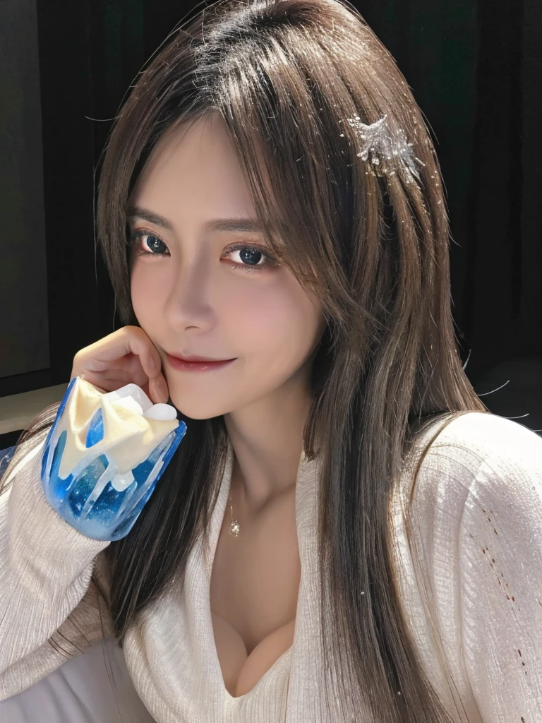 Realistic、Highest quality、Highest quality、masterpiece、Ultra-high resolution、RAW Photos、Realistic、Bright lighting、Face Light、Smooth Professional Lighting、Looking into the camera、alone、Adult female、Beautiful woman、Super Beauty、Realistic肌、Moisturized Skin、Realistic eyes and faces、Perfect model body shape、Beautiful Eyes、Big eyes、Inconspicuous tear bags、slim、Medium sized big breasts、Beautiful fingers、Very short hair、Black Hair、black eye、Looks happy、Cowboy Shot、(Both ears are hidden by hair)、(((ice magic使い)))、Fantasy World、Medieval Europe、silver world、ice magic、ice sculpture