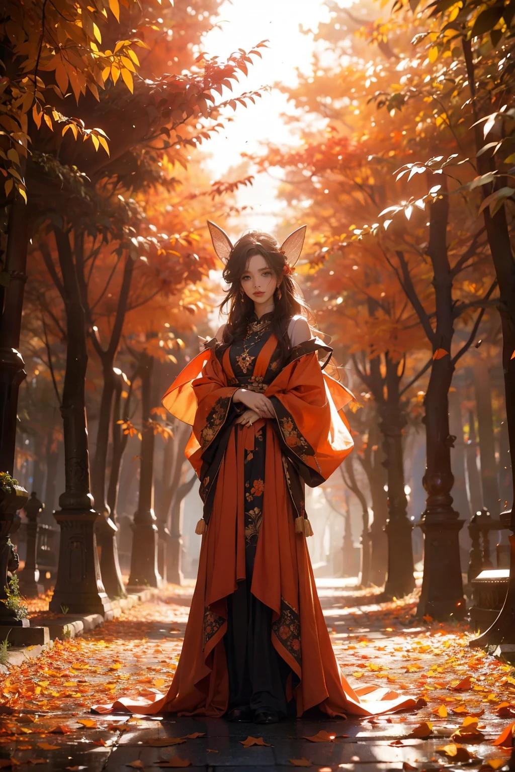 Create an ultra-detailed and best-quality fantasy masterpiece. Illustrate a stunning wood faerie standing in the heart of a magical forest. The scene should feature detailed leaves in vibrant oranges and reds floating through the air, swirling in a strong gust of wind. The faerie's eyes are the focal point, and they should be exceptionally beautiful, realistically detailed, and interesting, with complex and colorful patterns. Her attire should consist of soft, autumnal hues, made of flowing silk that moves gracefully with the wind. Use a dynamic composition and cinematic lighting to enhance the image's appeal. The image should include beautiful eyes, puffy lips, orange leaves, red detailed leaves, hazy rays of light, wind, and a sense of col