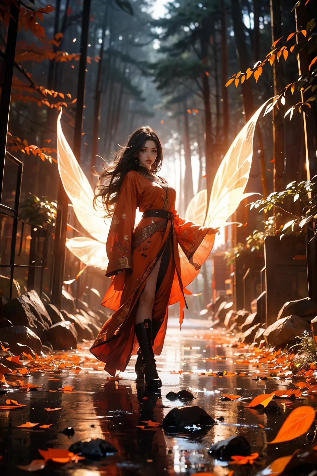 Create an ultra-detailed and best-quality fantasy masterpiece. Illustrate a stunning wood faerie standing in the heart of a magical forest. The scene should feature detailed leaves in vibrant oranges and reds floating through the air, swirling in a strong gust of wind. The faerie's eyes are the focal point, and they should be exceptionally beautiful, realistically detailed, and interesting, with complex and colorful patterns. Her attire should consist of soft, autumnal hues, made of flowing silk that moves gracefully with the wind. Use a dynamic composition and cinematic lighting to enhance the image's appeal. The image should include beautiful eyes, puffy lips, orange leaves, red detailed leaves, hazy rays of light, wind, and a sense of col