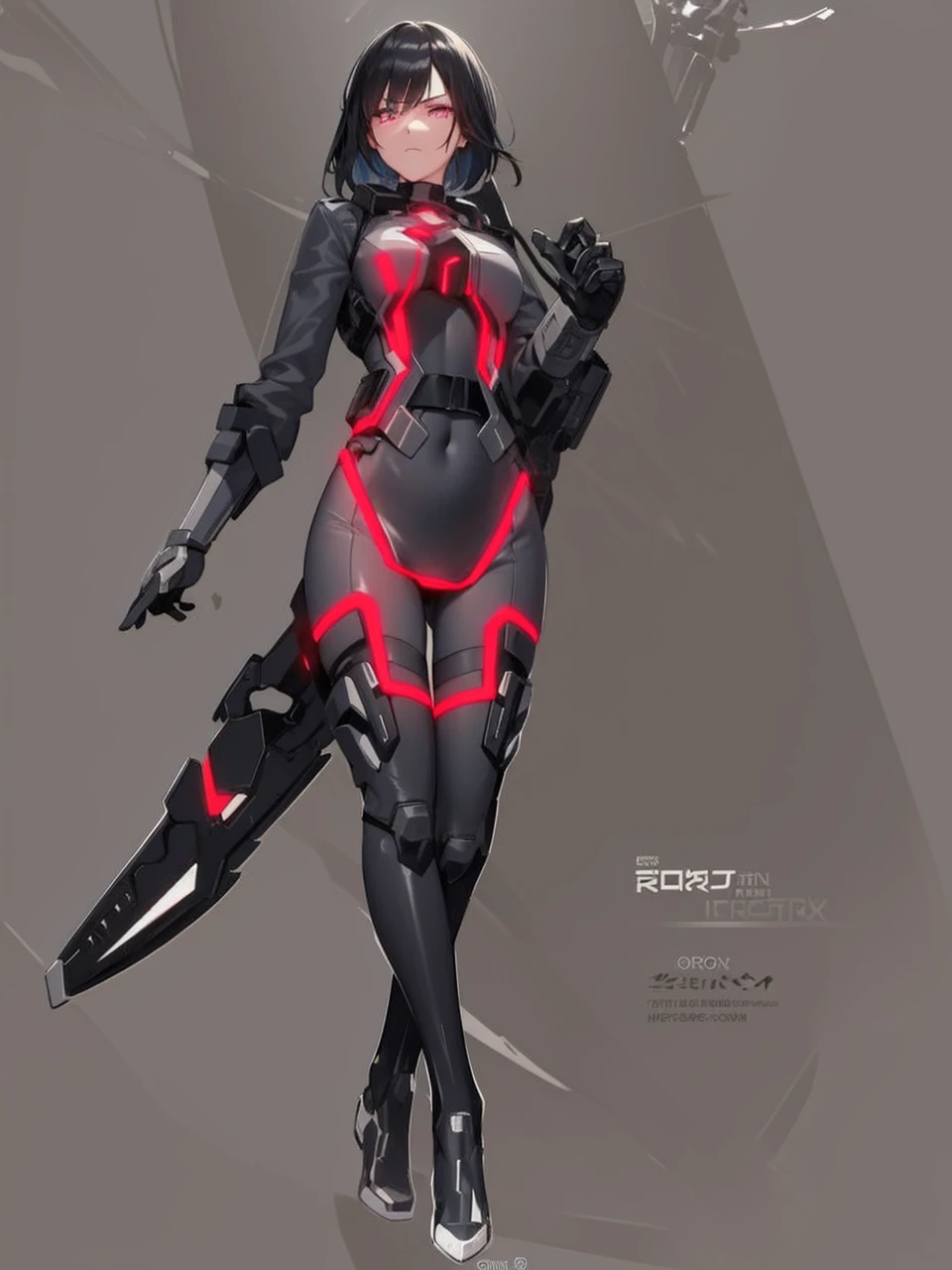 The image shows a young woman with short black hair and light eyes., dressed in a futuristic black suit. The suit has luminous details in neon red, that run from the chest to the legs, forming distinctive lines and patterns.

### Suit Details:
- **chest**: In the center of the chest there is a luminous circular design in red, similar to a device or energy source.
- **arms**: The young woman&#39;s left arm is covered by the suit and has a technological glove design. The right arm is covered by a large mechanical attachment that extends from the shoulder to the hand, suggesting a weapon or high-tech tool.
- **waist**: The waist is cinched with a black belt with gray details, that appears to have tactical pockets or compartments.
- **legs**: The legs are covered by the tight suit, with luminous neon red patterns that run from the hips to the knees. He wears tall black boots that match the suit and have gray details..

### expression y POSTURE:
- **expression**: His expression is serious and determined, with eyes looking forward.
- **POSTURE**: She is standing, with a firm and confident posture, slightly leaning forward, as if ready for action.

The overall design of the image is futuristic and high-tech, with a touch of science fiction and cyberpunk. The red luminous elements and the mechanical accessory on the right arm suggest that the young woman is equipped for tactical or combat missions in a technologically advanced environment..