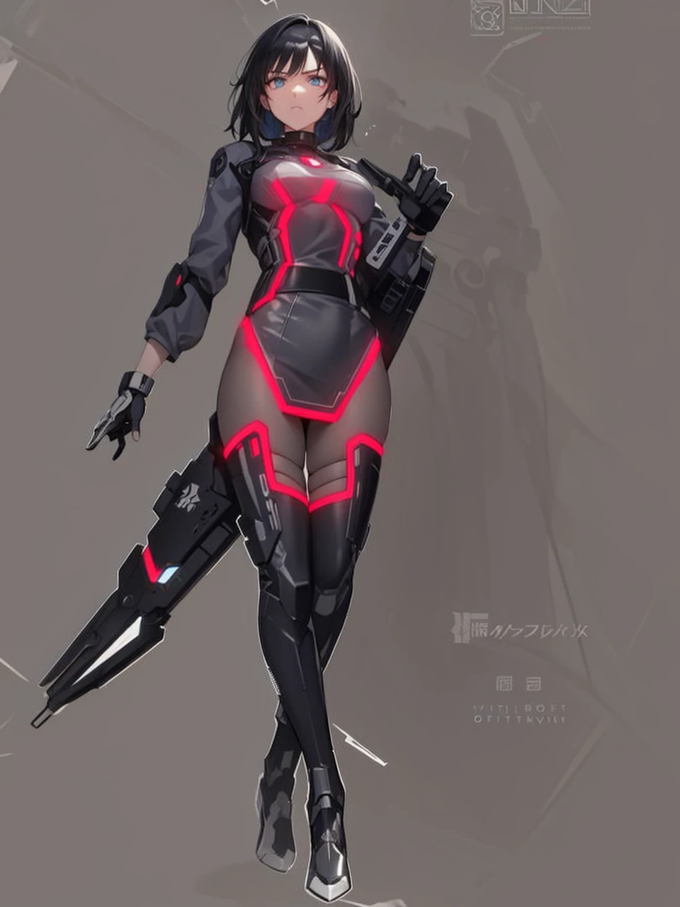 The image shows a young woman with short black hair and light eyes., dressed in a futuristic black suit. The suit has luminous details in neon red, that run from the chest to the legs, forming distinctive lines and patterns.

### Suit Details:
- **chest**: In the center of the chest there is a luminous circular design in red, similar to a device or energy source.
- **arms**: The young woman&#39;s left arm is covered by the suit and has a technological glove design. The right arm is covered by a large mechanical attachment that extends from the shoulder to the hand, suggesting a weapon or high-tech tool.
- **waist**: The waist is cinched with a black belt with gray details, that appears to have tactical pockets or compartments.
- **legs**: The legs are covered by the tight suit, with luminous neon red patterns that run from the hips to the knees. He wears tall black boots that match the suit and have gray details..

### expression y POSTURE:
- **expression**: His expression is serious and determined, with eyes looking forward.
- **POSTURE**: She is standing, with a firm and confident posture, slightly leaning forward, as if ready for action.

The overall design of the image is futuristic and high-tech, with a touch of science fiction and cyberpunk. The red luminous elements and the mechanical accessory on the right arm suggest that the young woman is equipped for tactical or combat missions in a technologically advanced environment..