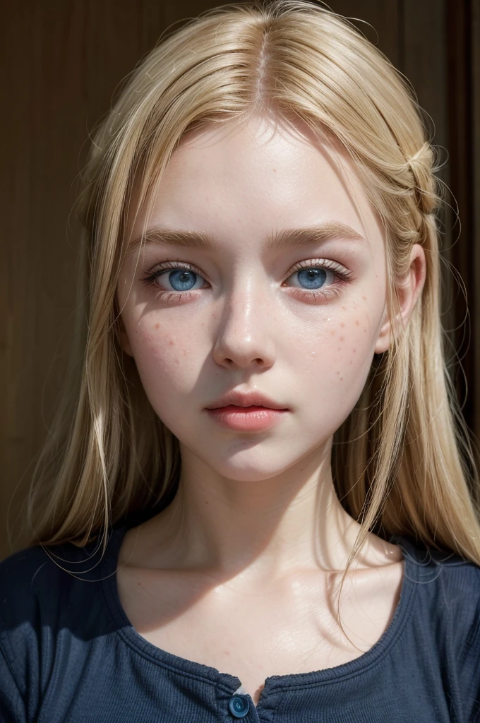 Garota blonde de  anos, blonde, Youngh, french, paris, greenish blue eyes, clear eyes,  red cheeks, spots on the face, eyes large, red cheeks, red face, thick lips. navy blue dress, looking forward. Perdida na Germany, Germany 