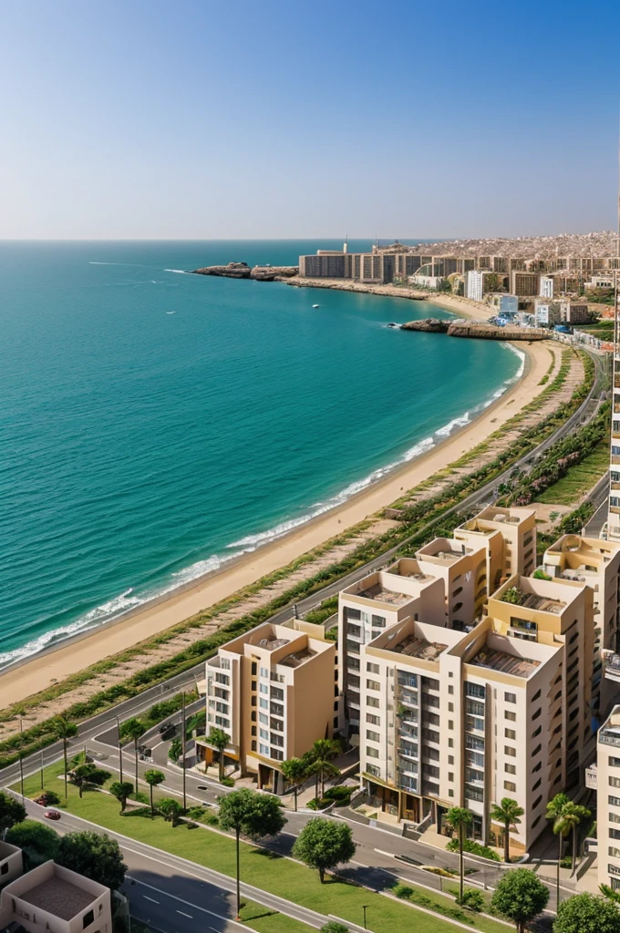 generate me an arabic city on the coast line with apartment building 