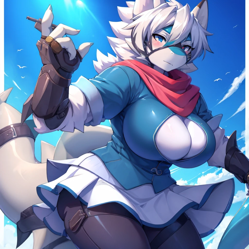 shark girl, Very sexy, big breasts, White scarf, white skirt, short blue shirt, 