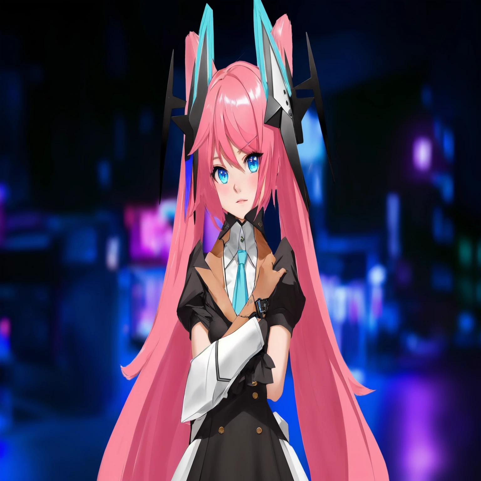 anime girl with pink hair and blue eyes in a black dress