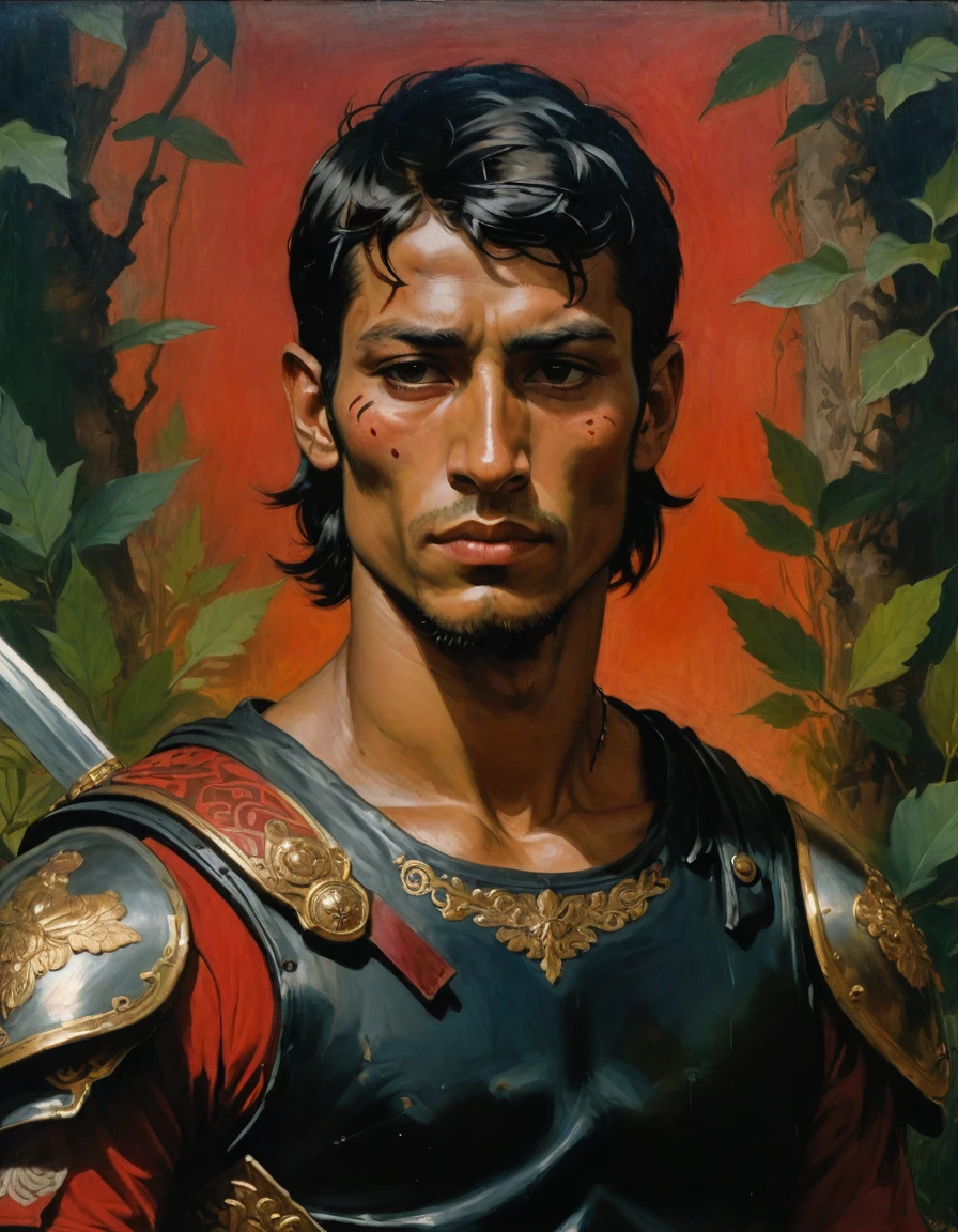 Masterpiece, best quality, by Moebius, by Théodore Géricault, a full oil painting, half body of a young male Roman soldier, confident, brunette, bronze skin, rascal, arrogant, (((with tattoos))), wearing black and red, silken Roman uniform lorica with samurai elements, red diamond symbology. Jungle background, moth.