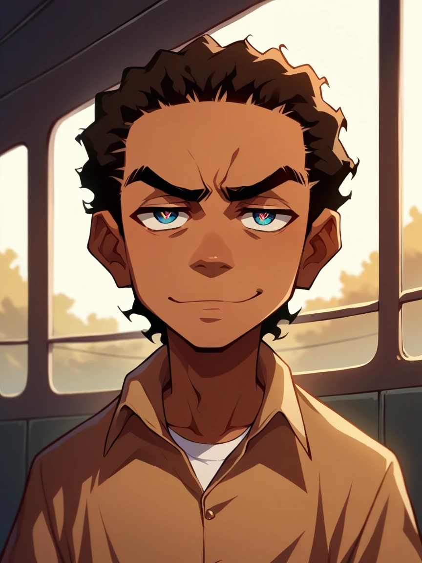 score_9, score_8_up, score_7_up, score_6_up, captivating young black male, 20s, dark skin, almond-shaped eyes, with a sad smile, 4c kinky hair, high top fade, staring outside the window on a plane anime style