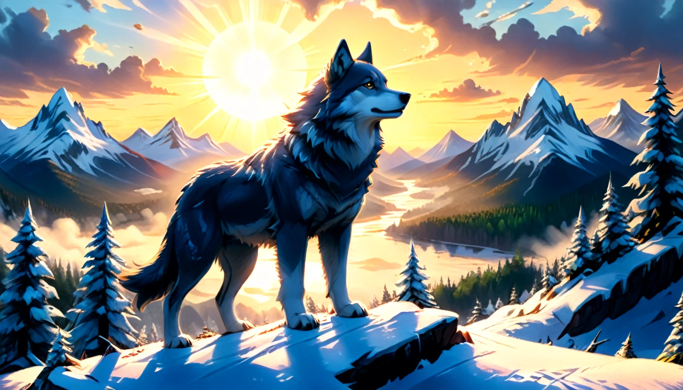 a National Geographic nature shot of a a snowy forest mountain range, the sun rises, the transition between night and day there is wolf sitting on top of the mountain seeing the forest, a silver (dire wolf: 1.1), sitting on top of a (snowy mountain: 1.4),, watching the sun rises, there is snow forest mountain range, he sees the forest in the mountains, there pine trees, snow, a river flows between the mountains, the forest is reflected in rays of sunset in river, divine rays, some clouds, sun rays,  (highest quality:1.2, Very detailed, up to date, Vibrant, Ultra-high resolution, High Contrast, masterpiece:1.2, highest quality, Best aesthetics), best details, best quality, highres, ultra wide angle, 16k, [ultra detailed], masterpiece, best quality, (extremely detailed: 1.5), aetherpunkai, Cinematic Hollywood Film style