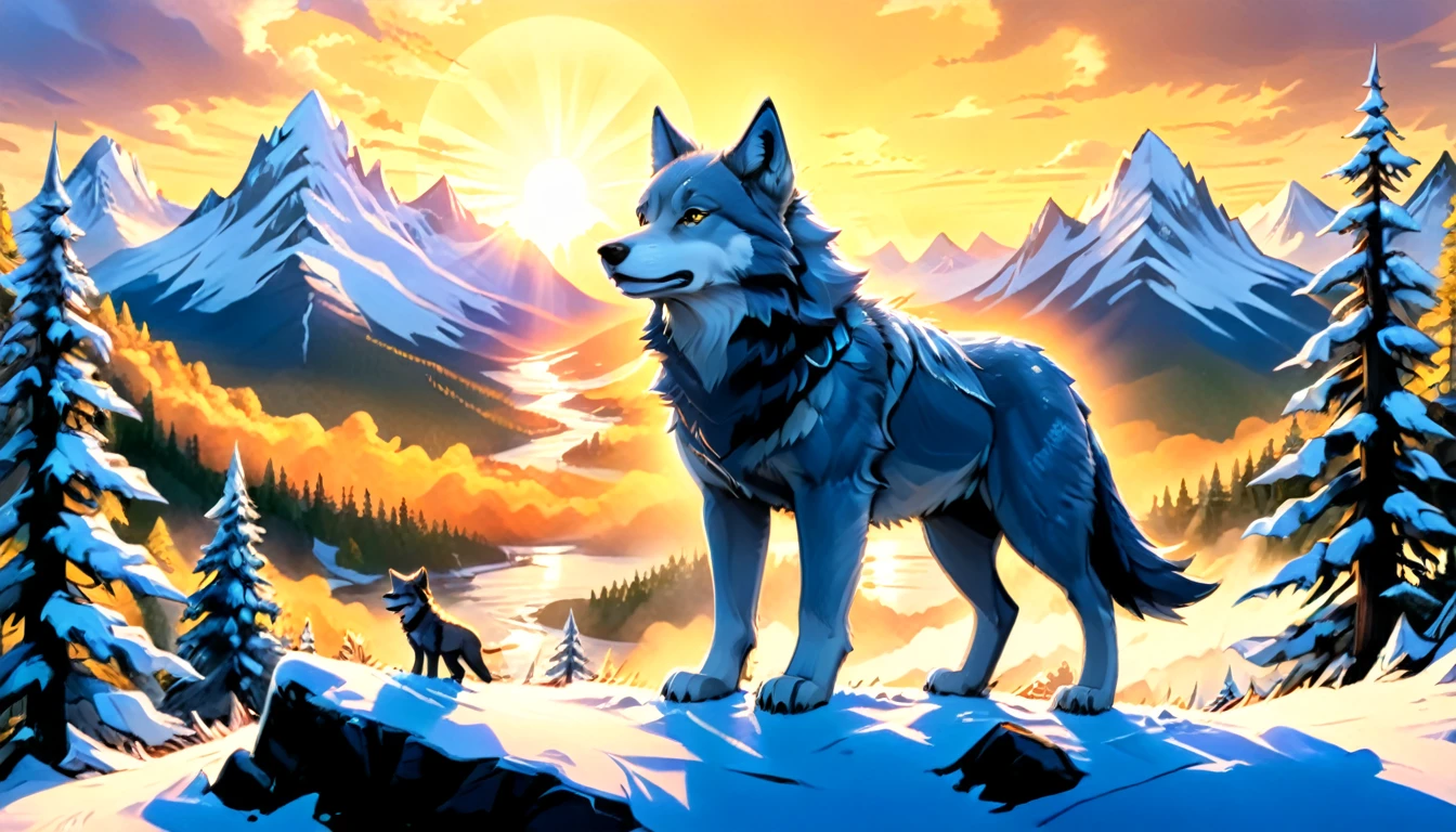 a National Geographic nature shot of a a snowy forest mountain range, the sun rises, the transition between night and day there is wolf sitting on top of the mountain seeing the forest, a silver (dire wolf: 1.1), sitting on top of a (snowy mountain: 1.4),, watching the sun rises, there is snow forest mountain range, he sees the forest in the mountains, there pine trees, snow, a river flows between the mountains, the forest is reflected in rays of sunset in river, divine rays, some clouds, sun rays,  (highest quality:1.2, Very detailed, up to date, Vibrant, Ultra-high resolution, High Contrast, masterpiece:1.2, highest quality, Best aesthetics), best details, best quality, highres, ultra wide angle, 16k, [ultra detailed], masterpiece, best quality, (extremely detailed: 1.5), aetherpunkai, Cinematic Hollywood Film style