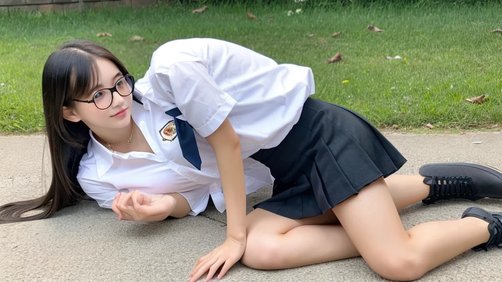 Full body photo of beautiful girl, russian girl, cute girl, good looking girl, 20 years old, school girl, wear white shirt, untidy school uniform shirt, open  shirt, messy  shirt, untucked white shirt, black pants, wear black glasses, wear watch, ultra details.