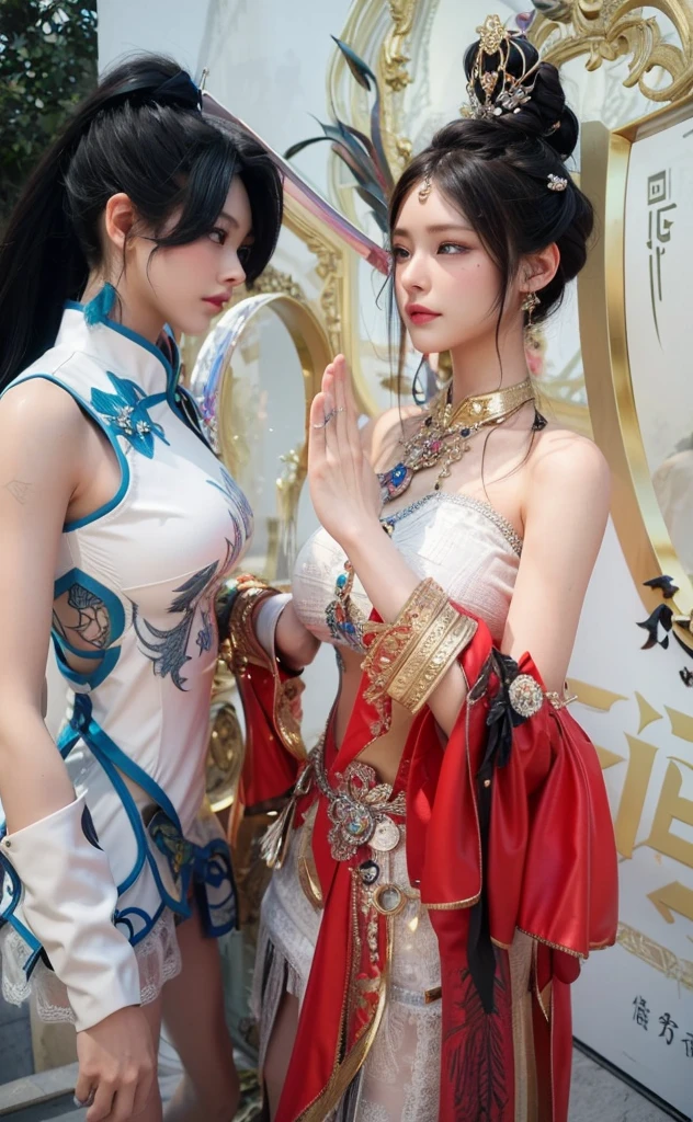 Game Art,Best image quality,Maximum resolution,8K,(A half-length photo),(portrait),(Head close-up),(Rule of Thirds),Unreal Engine 5 rendering works,20 year old girl,((Queen)),The eyes are very detailed,(Large ),Elegant and noble,Light,Light线追踪,Game CG,((3D Unreal Engine)),OC rendering reflection mode,4K,Ultra-clear,Sensual,Translucent lace,Fair and plump figure,Pretty Face,Light泽凝胶涂层,身着华贵礼服的Queen,Crystal Gem Crown,Necklace jewelry,blue eyes,The tattoo is very three-dimensional,Gorgeous and intricate tattoo designs,Ultra-clear portrait,Sexy boTemple Princess,Sapphire eyes,Blue and white porcelain cheongsam,Fingers straightened