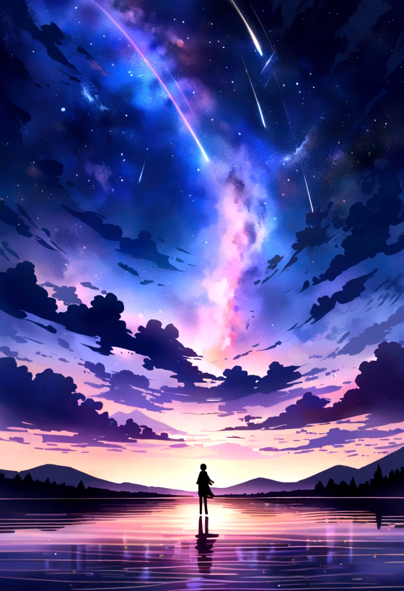 Vast Sky: Showing the vastness of the night sky, Make sure the stars and shooting stars take up a large part of the composition., Dynamic shooting star: Capture the movement and energy of a shooting star as it crosses the sky, Creating a sense of movement and wonder., Serene landscape: Consider adding a tranquil landscape, Distant Mountain々or calm waters, To enhance a sense of peace and serenity.