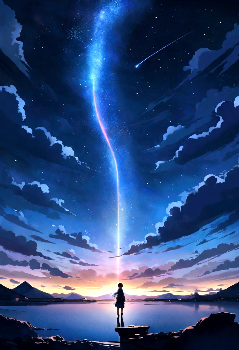 Vast Sky: Showing the vastness of the night sky, Make sure the stars and shooting stars take up a large part of the composition., Dynamic shooting star: Capture the movement and energy of a shooting star as it crosses the sky, Creating a sense of movement and wonder., Serene landscape: Consider adding a tranquil landscape, Distant Mountain々or calm waters, To enhance a sense of peace and serenity.
