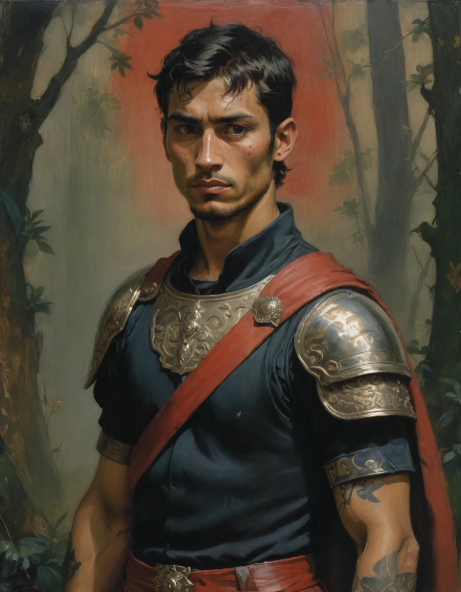 Masterpiece, best quality, by Moebius, by Théodore Géricault, a full oil painting, half body of a young male Roman soldier, confident, brunette, bronze skin, rascal, arrogant, (((with tattoos))), wearing black and red, silken Roman uniform lorica with samurai elements, red diamond symbology. Jungle background, moth.