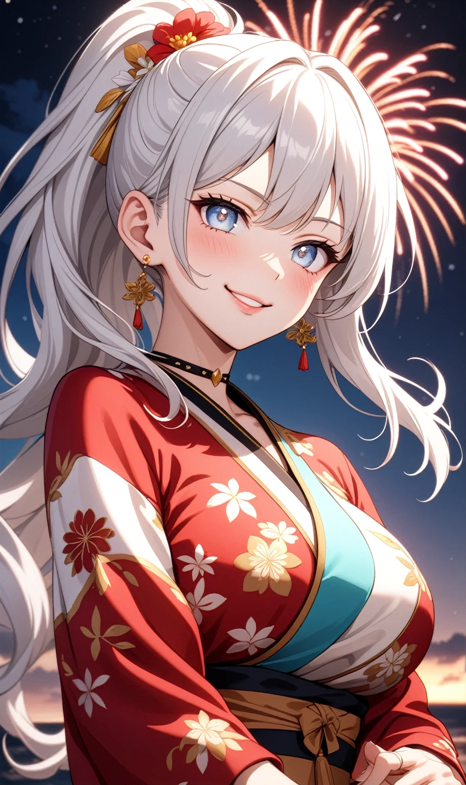 ((One personの女性)), Beautiful Face, ((Wink:1.8)), (smirk), Laughing embarrassedly, Laugh with your mouth wide open, ((Bright red cheeks:1.4)),Shiny red lips,night,横浜のnight景,You can see the ocean, firework,,Glossy pink lips,Facial lighting,((Anime style background)),masterpiece, Highest quality, so beautiful,up to date, Complex details, (Pink long nails), (ring),(bracelet),(choker),AI-generated, Complex,High resolution, Highest quality, super high quality,3D Images、3D Images,One person,Long white hair,High Ponytail,(blue eyes),Anime woman posing for a photo, ((Fine grain、Silvery white colorful eyes、Shining Eyes:1.3)),(Squint your eyes:1.1),a hyperRealistic , hyperRealistic , Realistic,Anime woman with long white hair, Smooth anime CG art, A woman in a colorful kimono with gold embroidery, (Black long sleeve kimono),Red floral pattern,Long flower hair ornament,Earrings,Mature Body,(Big Breasts:1.1),Tall,Abdominal muscles,Narrow waist,(Zoom up to face:1.5),(Shooting from an angle),