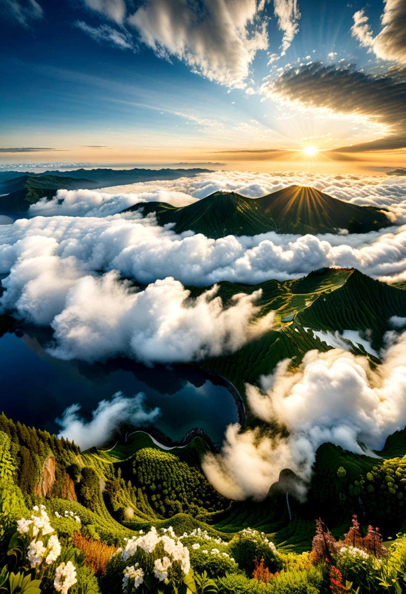 (Sunrise Time), Hokkaido, Japan, the sun shines golden light from the sea of clouds, accompanied by the penetration of light, forming a beautiful fairyland scene with a background of the sea of clouds in the sky, (panoramic view), Photography, award-winning, cinematic still, emotional, vignette, dynamic, vivid, (masterpiece, best quality, Professional, perfect composition, very aesthetic, absurdres, ultra-detailed, intricate details:1.3)