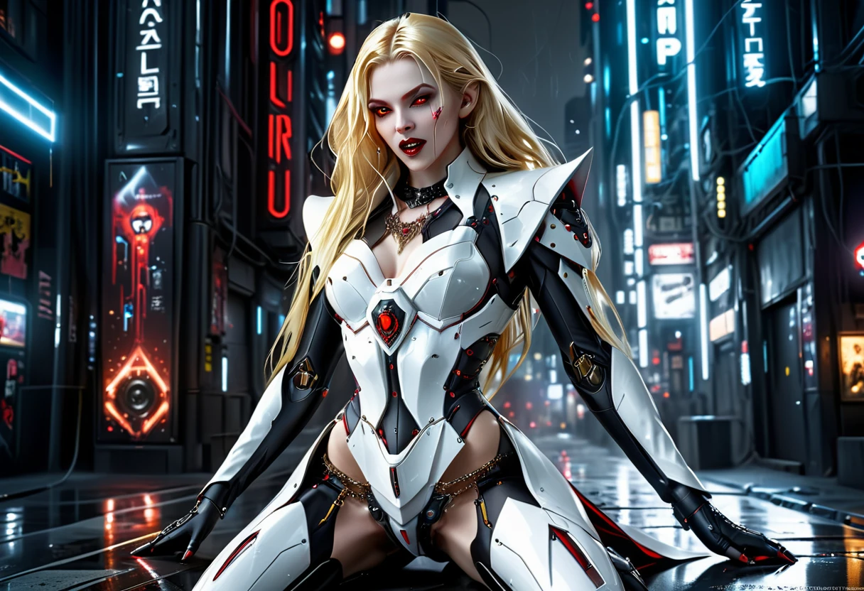 ((a photorealistic glamour shot of an exquisite, glamour mecha female vampire: 1.5)), ((full body: 1.3)), ultra feminine, pale face, golden hair, long vibrant shiny hair, glamorous hair,  red eyes, miniatures mechanical , deep penetrating eyes, red lips, lustful lips, ((two visible vampiric fangs: 1.5), drops of blood dripping from the mouth, ((cyberpunk style: 1.5)), she wears (white elegant glamour dress, with small delicate mechanical parts: 1.4), digital parts,  intricate details, the dress is studded with diamonds, tight suit, dynamic color, high heels, cyberpunk street at night background, (highest quality:1.2, Very detailed, up to date, Vibrant, Ultra-high resolution, High Contrast, masterpiece:1.2, highest quality, Best aesthetics), best details, best quality, highres, ultra wide angle, 16k, [ultra detailed], masterpiece, best quality, (extremely detailed), Genetically modified..., Cinematic Hollywood Film, nijimecha, aetherpunkai