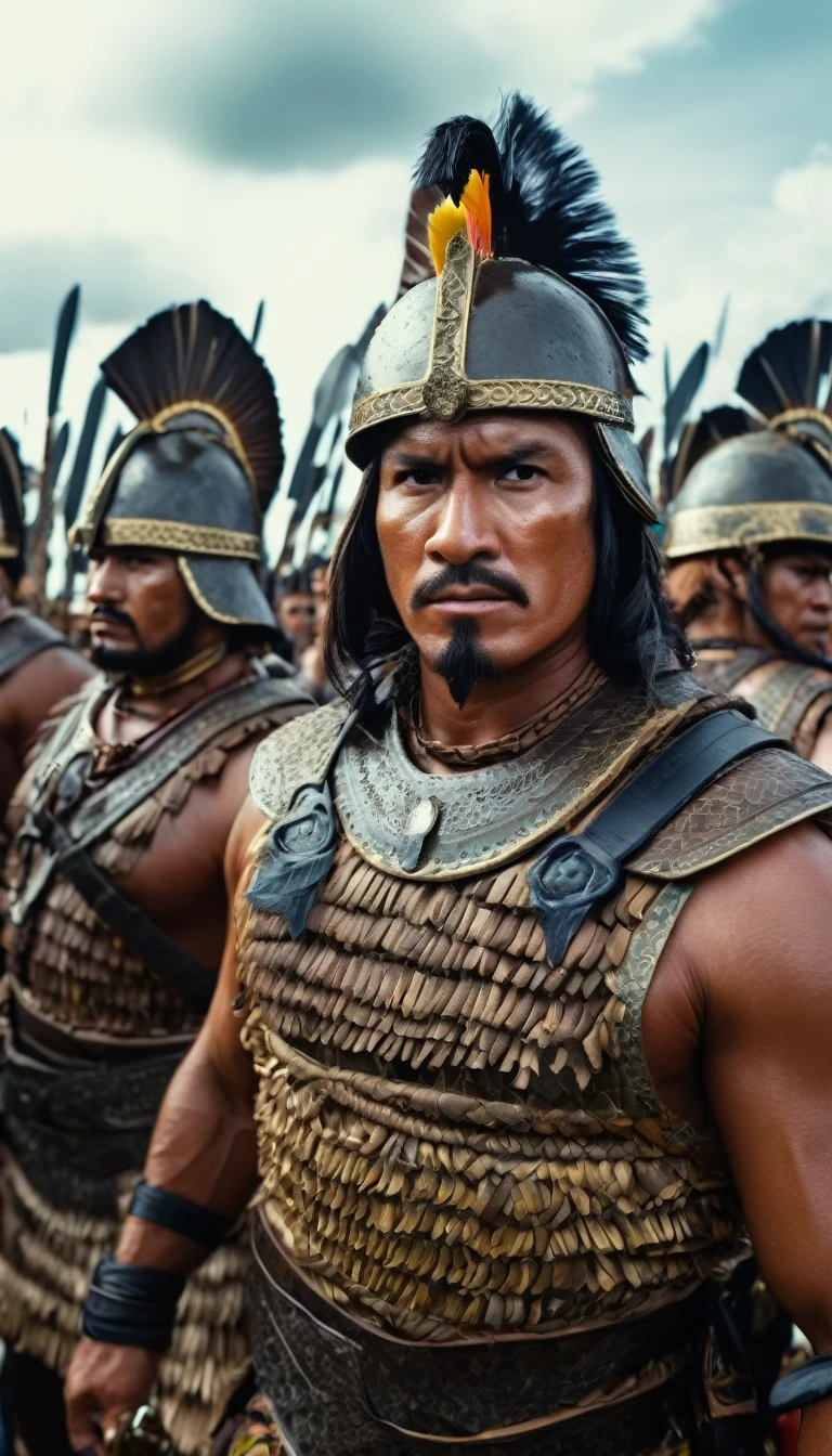 Lapu-Lapu and his troops, armed and ready for battle, biggest army of traditionnal soldiers standing defiantly on the shores of Mactan, background dark, hyper realistic, face detail, ultra detailed hyper realistic, photorealistic, Studio Lighting, reflections, dynamic pose, Cinematic, Color Grading, Photography, Shot on 50mm lens, Ultra-Wide Angle, Depth of Field, hyper-detailed, beautifully color, 8k