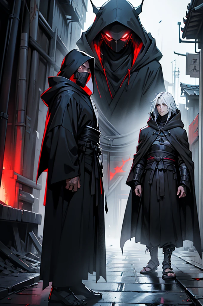 arafed hooded man in a black robe standing in a dark alley, wearing dark robe, hooded cloaked sith lord, wearing dark robes, wearing a black robe, wearing black robe, mystic ninja, wearing black sith robes, samurai jedi, dark flowing robe, cyberpunk samurai, dark robe, artwork in the style of guweiz
