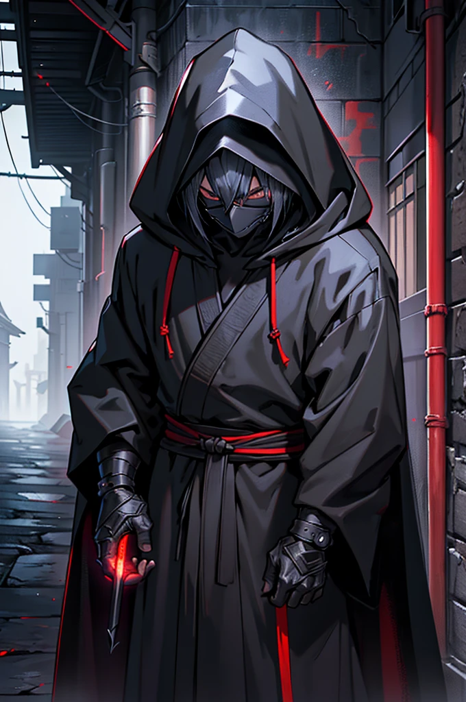 arafed hooded man in a black robe standing in a dark alley, wearing dark robe, hooded cloaked sith lord, wearing dark robes, wearing a black robe, wearing black robe, mystic ninja, wearing black sith robes, samurai jedi, dark flowing robe, cyberpunk samurai, dark robe, artwork in the style of guweiz