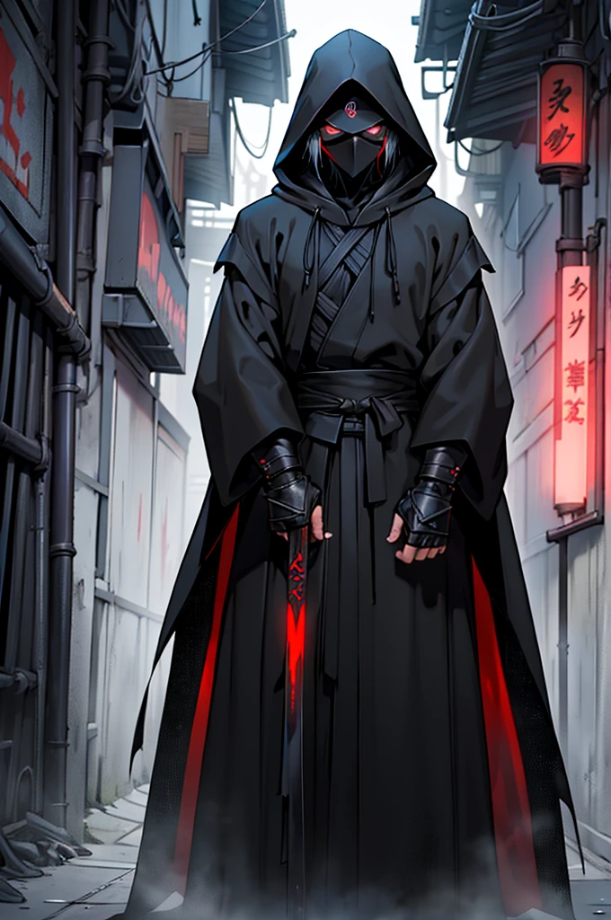 arafed hooded man in a black robe standing in a dark alley, wearing dark robe, hooded cloaked sith lord, wearing dark robes, wearing a black robe, wearing black robe, mystic ninja, wearing black sith robes, samurai jedi, dark flowing robe, cyberpunk samurai, dark robe, artwork in the style of guweiz