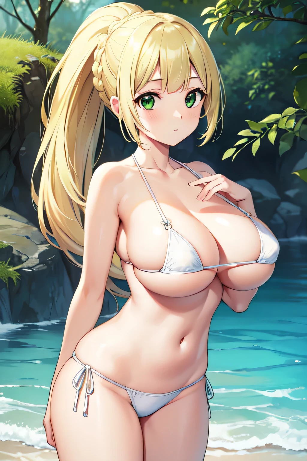 ​masterpiece, top-quality, hight resolution, RO1, pokemonlilie, pokemonlilie, blonde hair, blunt bangs, (green eyes:1.5), long hair, (huge soft breasts:1.4), 
BREAK braid, french braid, high ponytail, Tight wet bikini bottom, white small bikini, sexy white bikini,
BREAK looking at viewer, upper body, full body, (cowboy shot:1.5),
BREAK outdoors, nature, sky, spring, bridge, flowers
BREAK (masterpiece:1.2), best quality, high resolution, unity 8k wallpaper, (illustration:0.8), (beautiful detailed eyes:1.6), extremely detailed face, perfect lighting, extremely detailed CG, (perfect hands, perfect anatomy),