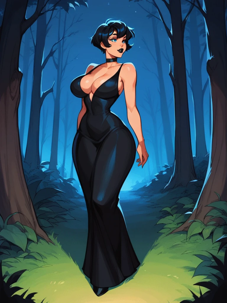 score_9, score_8_up, score_7_up, animated, Thrush musician, short hair, black hair, best quality, perfect eyes, portrait, big breasts, Lips, black Lips, Eyelashes, blue eyes, black dress, night, forest, full body, big ass