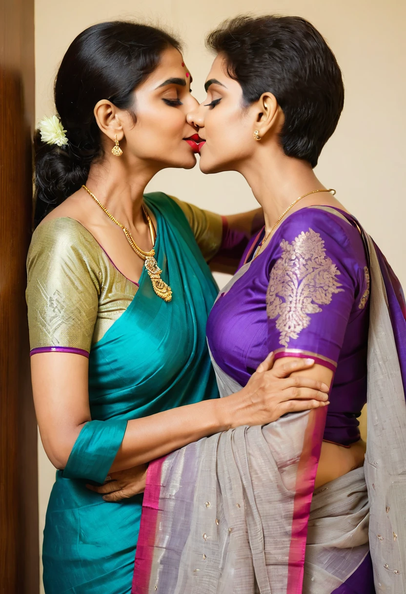 Fair skin Indian mom with 60 years of age in saree with big kissing her young adult son
