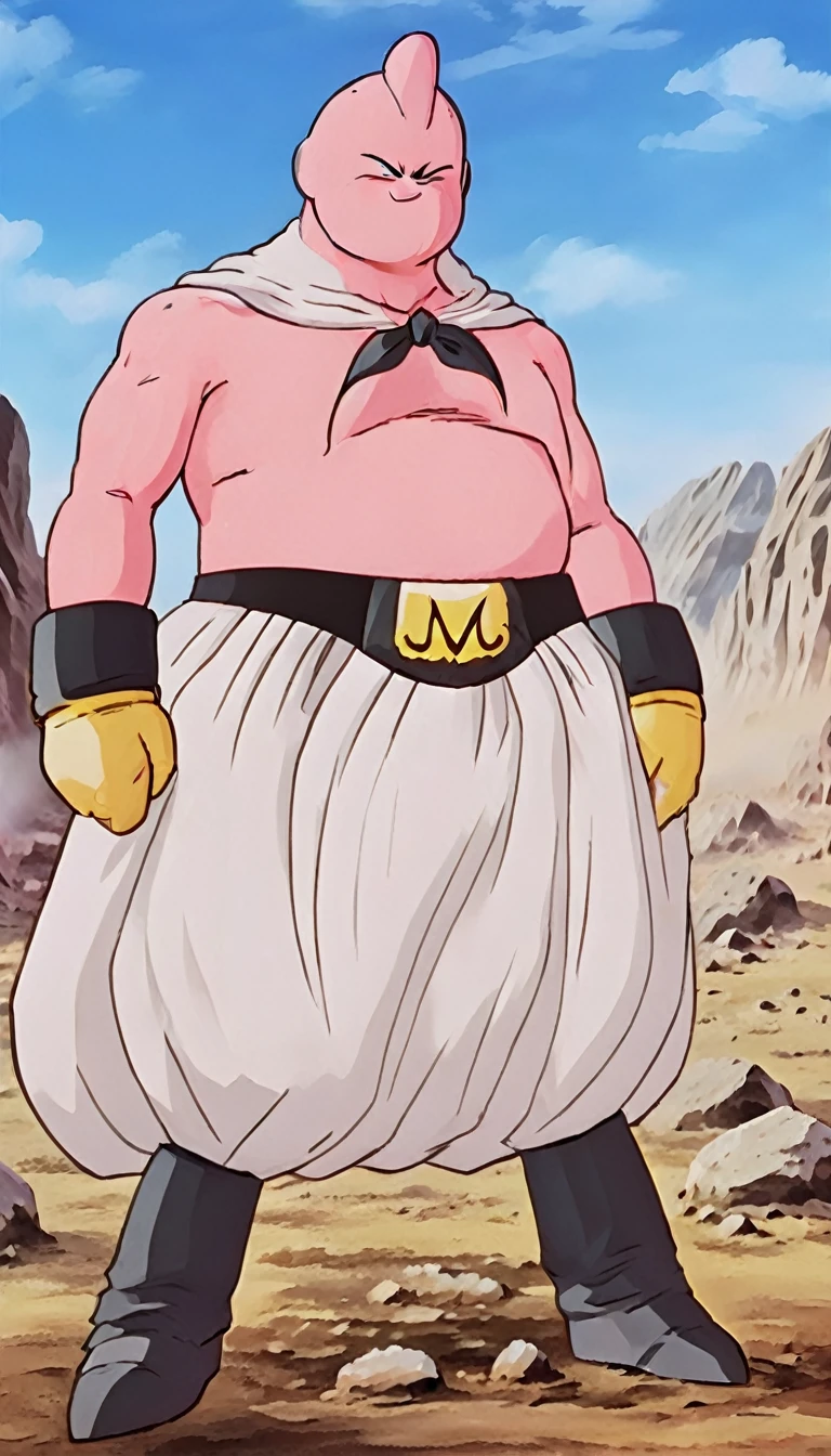 solo, majin buu,short, (musclar:2.5),(angry:2),fighting,in wasteland,destroyed rock,(soft shading), 4k, hi res, ((detailed face, (detailed eyes:1.0), detailed)), (full body), looking at viewer, 1boy, upper body, male focus,white_pants,nude,(topless:1.5),( shirtless:2.5),torn clothes,bare pectorals, fighting stance,