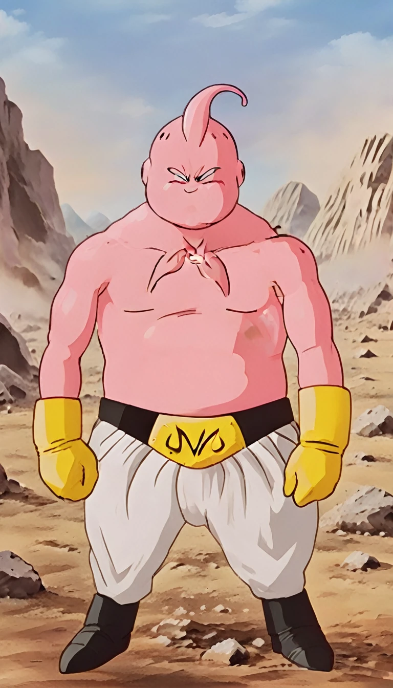 solo, majin buu,short, (musclar:2.5),(angry:2),fighting,in wasteland,destroyed rock,(soft shading), 4k, hi res, ((detailed face, (detailed eyes:1.0), detailed)), (full body), looking at viewer, 1boy, upper body, male focus,white_pants,nude,(topless:1.5),( shirtless:2.5),torn clothes,bare pectorals, fighting stance,