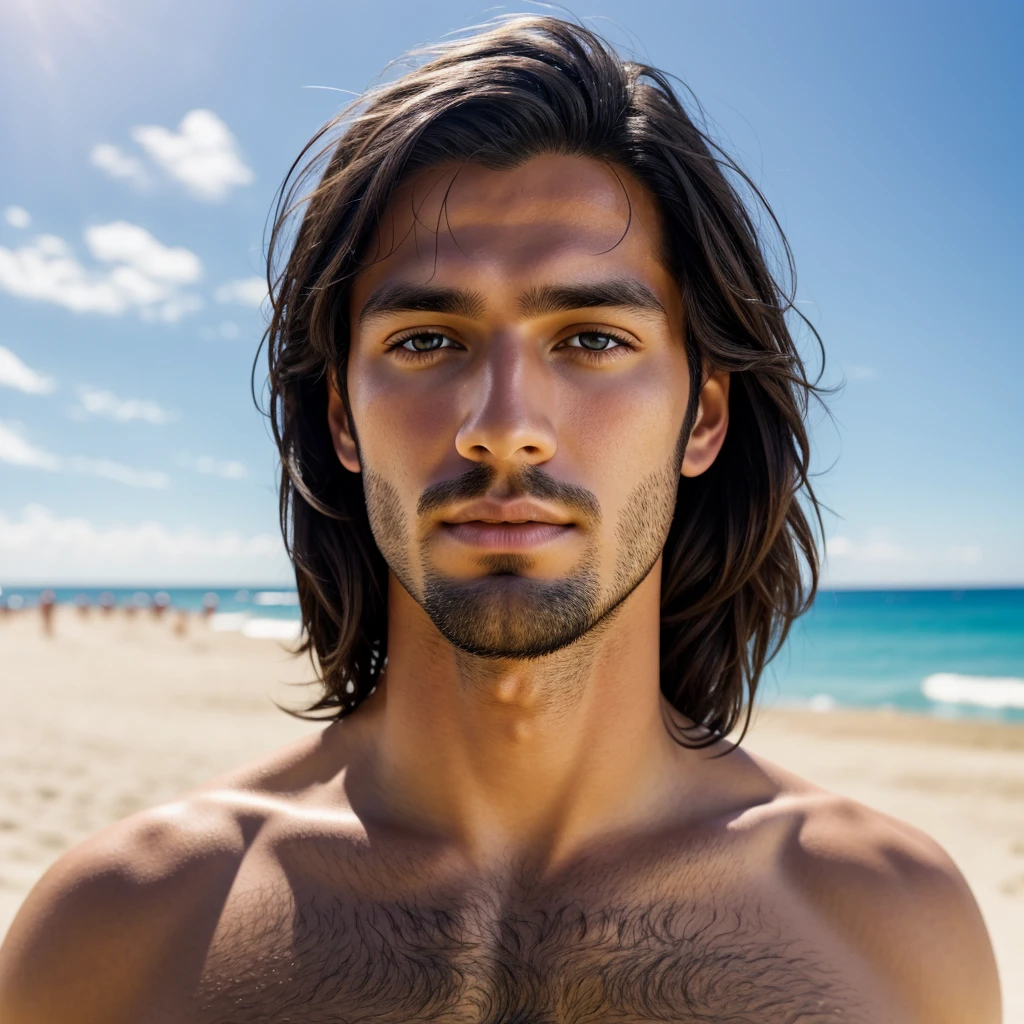 Ultrarealistic portrait high resolution 16k close up of white european man black straight hair, brown eyes, young age. high brightness, high saturation, high contrast, high sharpness.  Background of the image being a beach landscape with sunny blue sky.