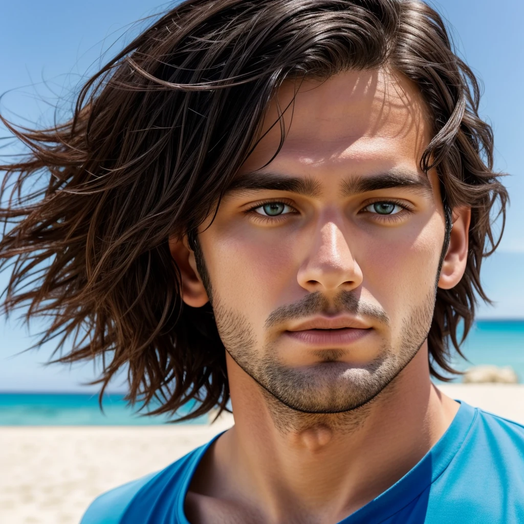 Ultrarealistic portrait high resolution 16k close up of white european man black straight hair, brown eyes, young age. high brightness, high saturation, high contrast, high sharpness.  Background of the image being a beach landscape with sunny blue sky.