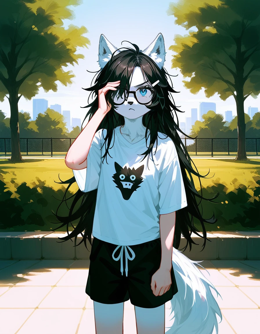 Solo, score_9,score_8_up,score_7_up, a young nerdy Anthro furry wolf woman, wolf snout, white furry body, tall and slender, long black messy hair, black hair, hair in a pony tail, hair covering one eye, black glasses, blue eyes, white wolf ears, white wolf tail, small breasts, wearing oversized red t shirt, black boy shorts, standing, outdoors, at a park, looking annoyed, one hand covering her face, shielding her face from the sun, sunny day, looking up, squinting