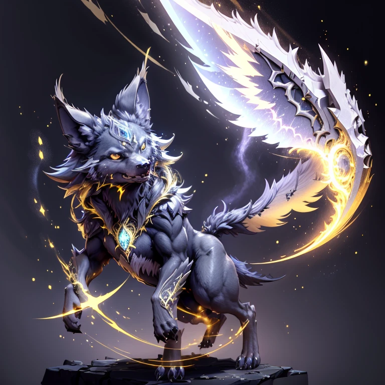 (1 wolf) full body, dark gray carbuncle with four winged pointy ears with dark lightning energy, light yellow feathered wings, dark lightning energy around, black lightning background
