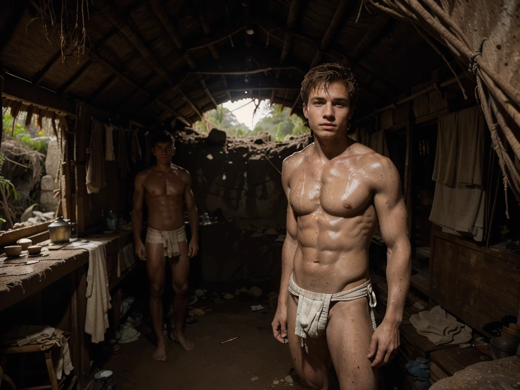 18 year old white male wearing loin cloth, swimmer body type, inside a dilapidated tribal hut, the hut is situated within a large cavern system, detailed face, beautiful eyes, photorealistic, 8k, high quality, masterpiece, dramatic lighting, moody atmosphere, cinematic, fantasy, concept art, dirt and grime body