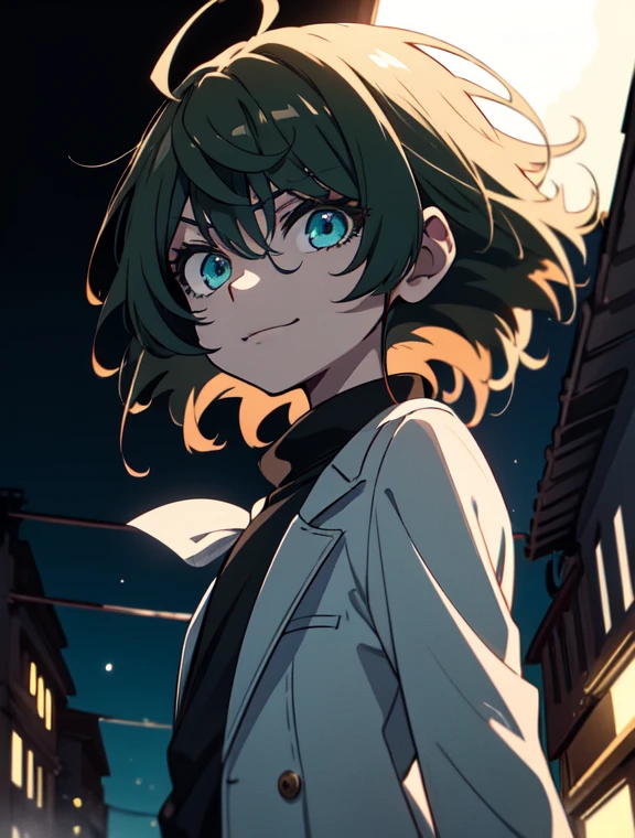 (masterpiece, highest quality)、(shining eyes), ((One young man)),(cool boy)、(dark brown hair,inner color)、Sea green eyes,serious expression, wicked smile,Upper body,line drawing,Unkempt short hair、messy hair、(messy hair、medium hair),white blazer,black t-shirt,expressionless eyes,((beautiful animeスタイル))、(dark and serious background),(dark back alley)、(downtown at night)、beautiful anime