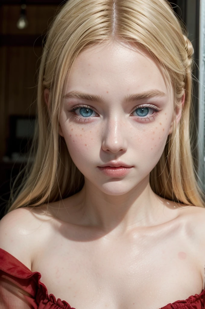 beautiful blonde girl, with striking blue eyes and red lips. realistic photo, Masterpiece