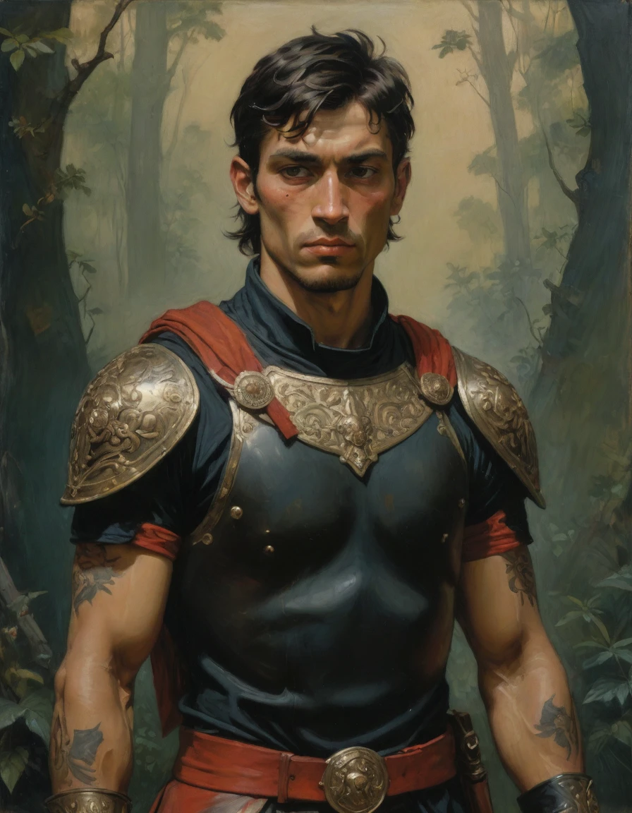 Masterpiece, best quality, (by Moebius), by Théodore Géricault, a full oil painting, half body of a young male Roman soldier, confident, brunette, bronze skin, rascal, arrogant, (((with tattoos))), wearing black and red, silken Roman uniform lorica with samurai elements, red diamond symbology. Jungle background, moth.
