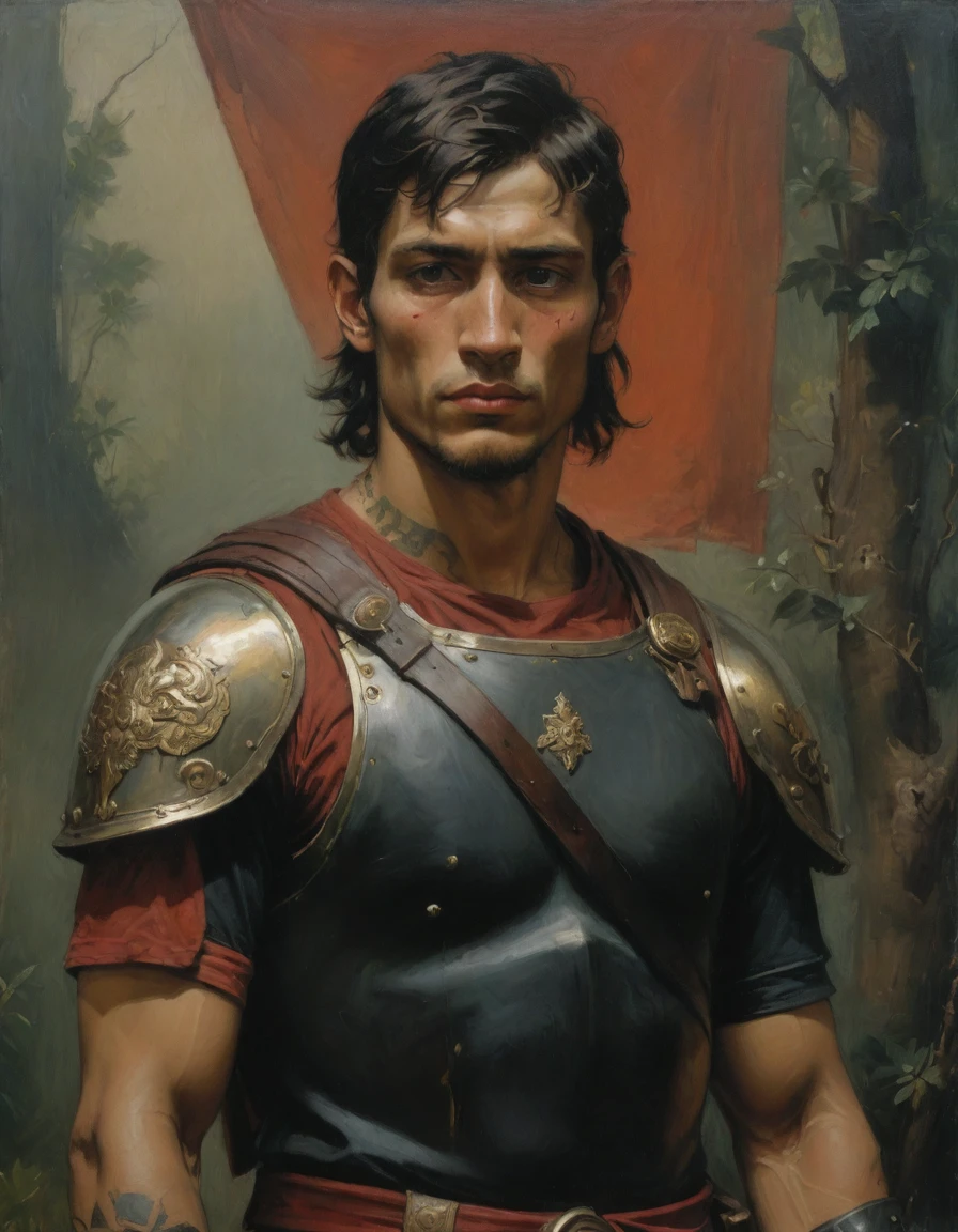 Masterpiece, best quality, (by Moebius), by Théodore Géricault, a full oil painting, half body of a young male Roman soldier, confident, brunette, bronze skin, rascal, arrogant, (((with tattoos))), wearing black and red, silken Roman uniform lorica with samurai elements, red diamond symbology. Jungle background, moth.
