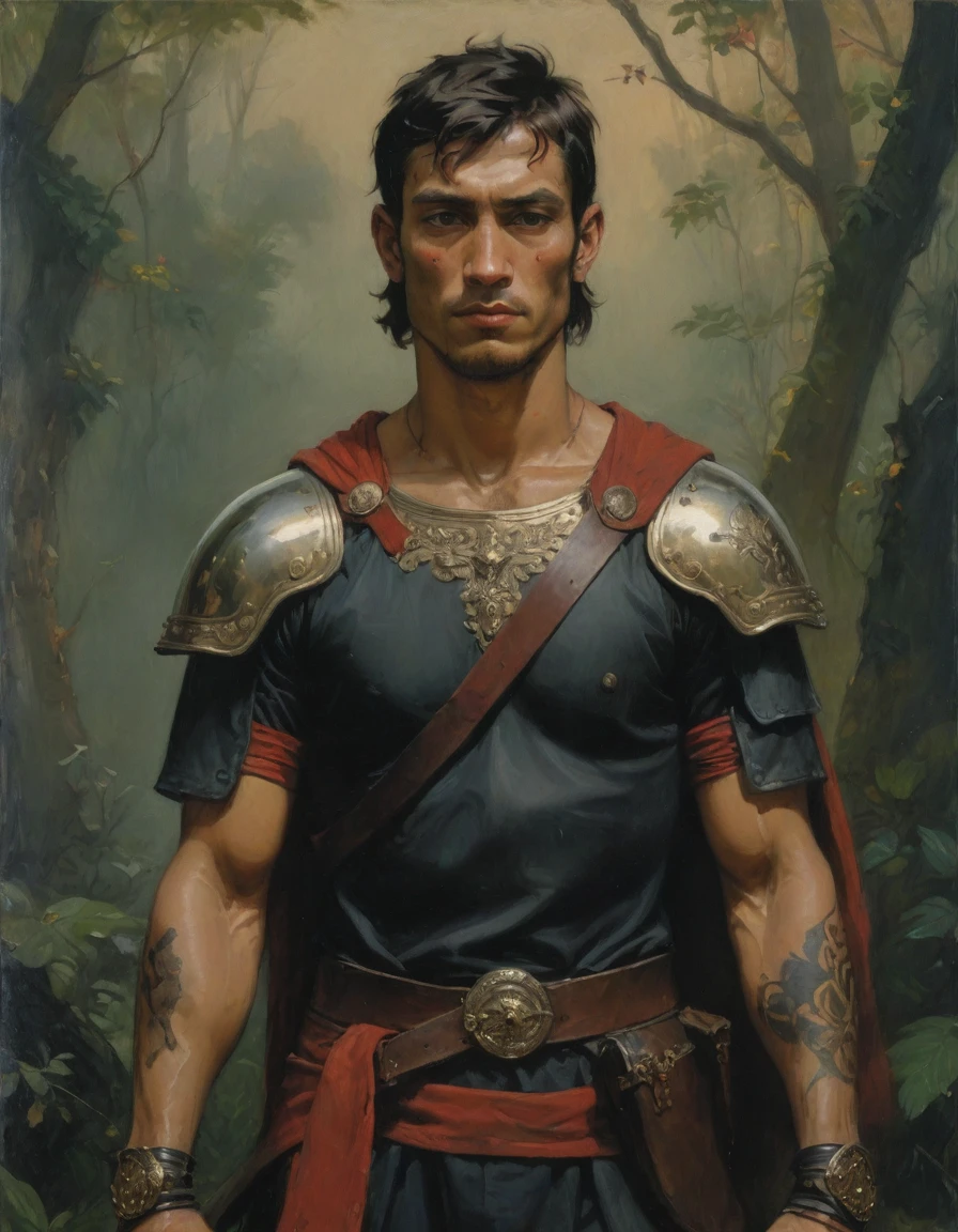Masterpiece, best quality, (by Moebius), by Théodore Géricault, a full oil painting, half body of a young male Roman soldier, confident, brunette, bronze skin, rascal, arrogant, (((with tattoos))), wearing black and red, silken Roman uniform lorica with samurai elements, red diamond symbology. Jungle background, moth.
