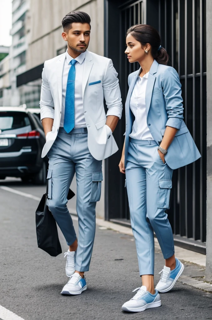 White shirt, black suit, pantalon cargo beish, and light blue sneakers with gray