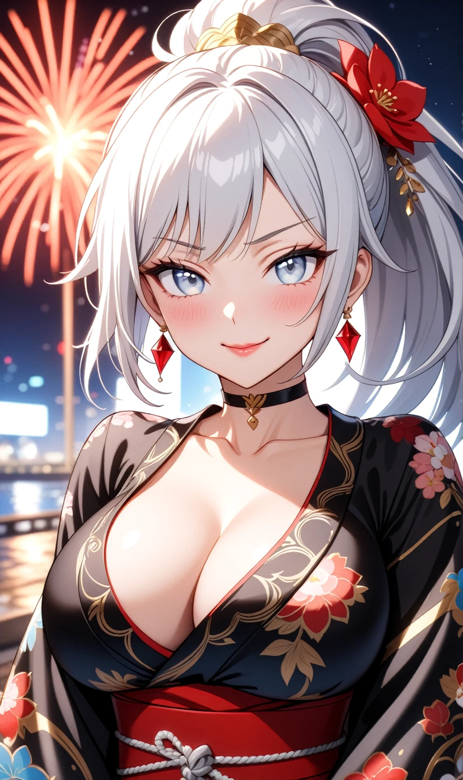 ((One personの女性)), Beautiful Face, ((Wink:1.9)), (smirk), sit,Laugh with your mouth wide open,((Bright red cheeks:1.4)),Shiny red lips,night,横浜のnight景,You can see the ocean, firework,,Glossy pink lips,Facial lighting,((Anime style background)),masterpiece, Highest quality, so beautiful,up to date, Complex details, (Pink long nails), (ring),(bracelet),(choker),AI-generated, Complex,High resolution, Highest quality, super high quality,3D Images、3D Images,One person,Long white hair,High Ponytail,(blue eyes),Anime woman posing for a photo, ((Fine grain、Silvery white colorful eyes、Shining Eyes:1.3)),(Squint your eyes:1.1),a hyperRealistic , hyperRealistic , Realistic,Anime woman with long white hair, Smooth anime CG art, A woman in a colorful kimono with gold embroidery, (Black long sleeve kimono),Red floral pattern,Long flower hair ornament,Earrings, Body,(Big BrTall,Abdominal muscles,Narrow waist,(Zoom up to face:1.5),(front view),