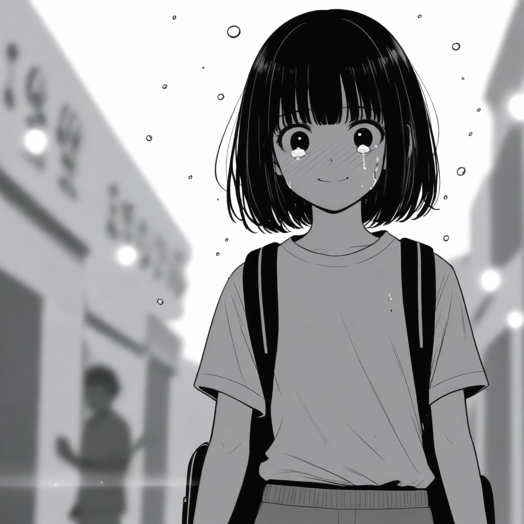 masterpiece, best quality, 1girl, mamerakkkkko, grayscale, manga style, japanese, chi no wadachi, black eyes, street, iced, black hair, schoolbag, smile, lineart, white background, white shirt, grey shorts, centered, 18 years old, tall, fair skinned, bokeh background, crying, tears, straight-on, tears streaming, bob cut, light particles, bold text above head