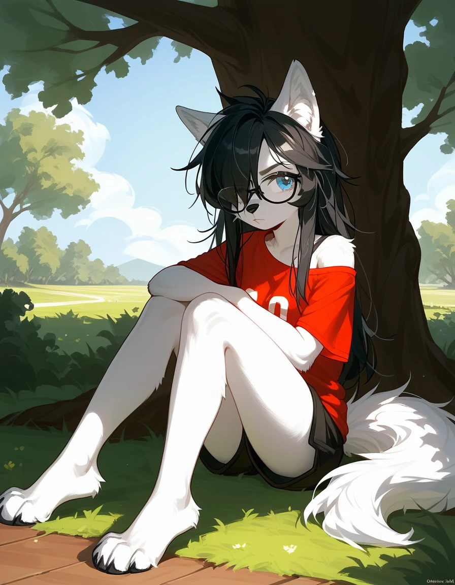 Solo, score_9,score_8_up,score_7_up, a young nerdy Anthro furry wolf woman, wolf snout, white furry body, tall body, long black messy hair, black hair, (hair in a pony tail):1.3, hair covering one eye, black glasses, blue eyes, white wolf ears, small breasts, wearing oversized red t shirt, exposed shoulder, black boy shorts, outdoors, cutely pouting, sitting under a shady tree, feet paws, 4 toes, grassy floor, legs sprawled out across the floor, arms crossed, leaning against a tree, 