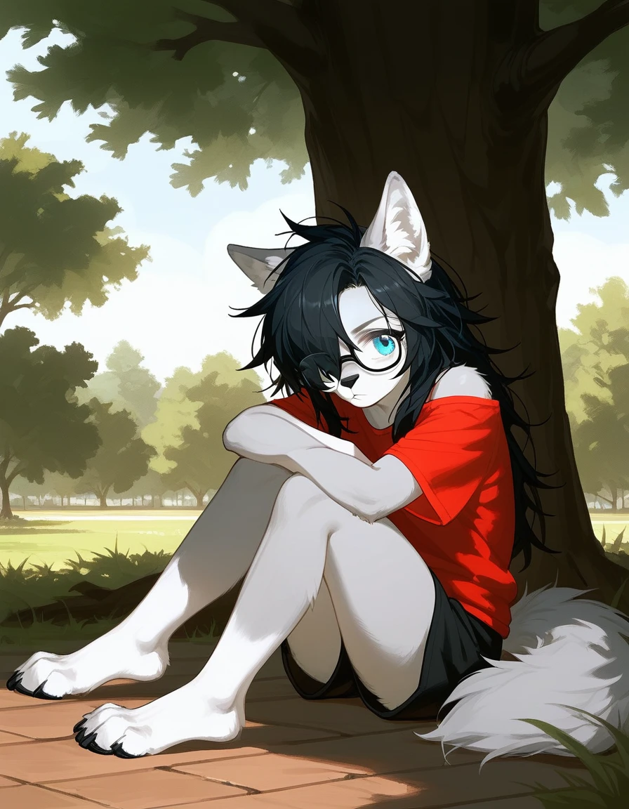 Solo, score_9,score_8_up,score_7_up, a young nerdy Anthro furry wolf woman, wolf snout, white furry body, tall body, long black messy hair, black hair, (hair in a pony tail):1.3, hair covering one eye, black glasses, blue eyes, white wolf ears, small breasts, wearing oversized red t shirt, exposed shoulder, black boy shorts, outdoors, cutely pouting, sitting under a shady tree, feet paws, 4 toes, grassy floor, legs sprawled out across the floor, arms crossed, leaning against a tree,