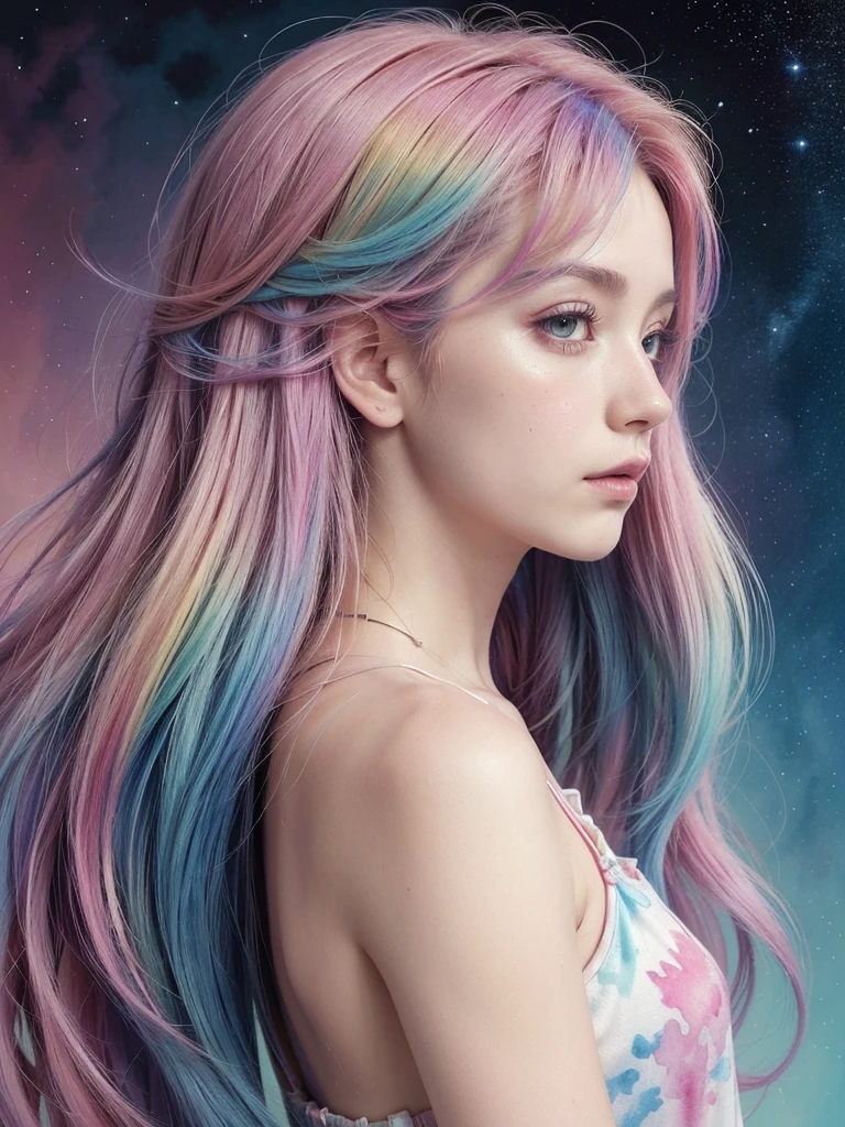(masterpiece, top quality, best quality,watercolor (medium),official art, beautiful and aesthetic:1.2),(1girl:1.3), (fractal art:1.3),upper body, from side, looking at viewer,patterns,(rainbow color Hair,colorful hair,half blue and half pink hair:1.2),water,liquid, cloud,colorful, starry,stars,