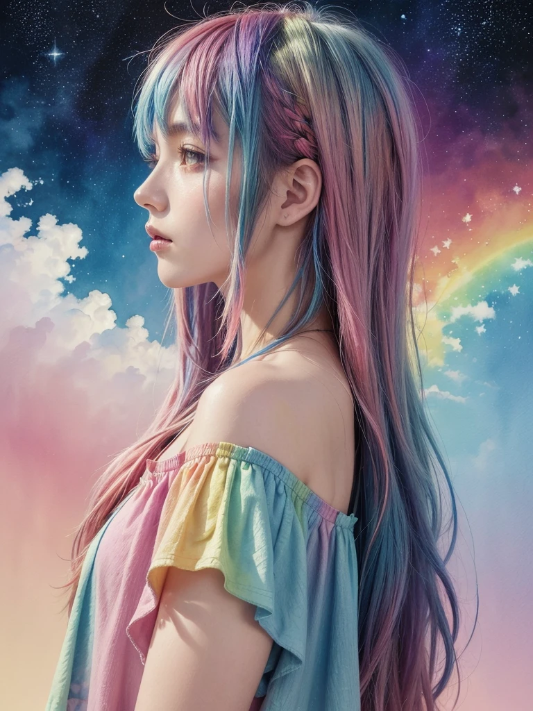 (masterpiece, top quality, best quality,watercolor (medium),official art, beautiful and aesthetic:1.2),(1girl:1.3), (fractal art:1.3),upper body, from side, looking at viewer,patterns,(rainbow color Hair,colorful hair,half blue and half pink hair:1.2),water,liquid, cloud,colorful, starry,stars,