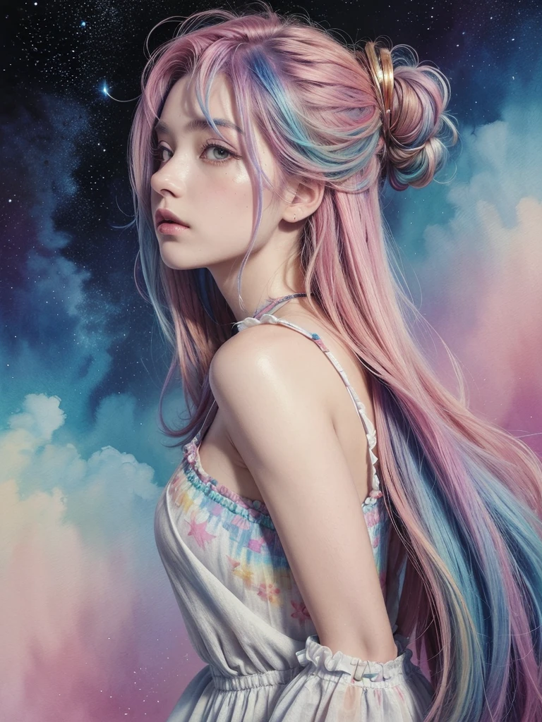 (masterpiece, top quality, best quality,watercolor (medium),official art, beautiful and aesthetic:1.2),(1girl:1.3), (fractal art:1.3),upper body, from side, looking at viewer,patterns,(rainbow color Hair,colorful hair,half blue and half pink hair:1.2),water,liquid, cloud,colorful, starry,stars,